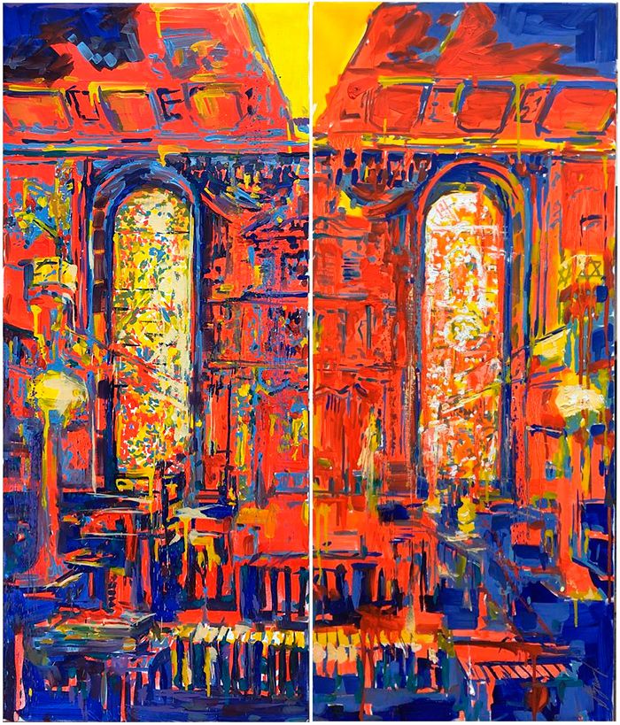 Bright paints on canvas. The synagogue in the picture. Red and blue. Oil painting. Contemporary painting.  Windows in the interior. Light through the windows. Books in the picture. Synagogue interior.