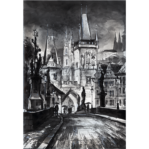 Contemporary painting. City landscape. Original oil painting. Black and white painting with a view of Prague. Night Prague
