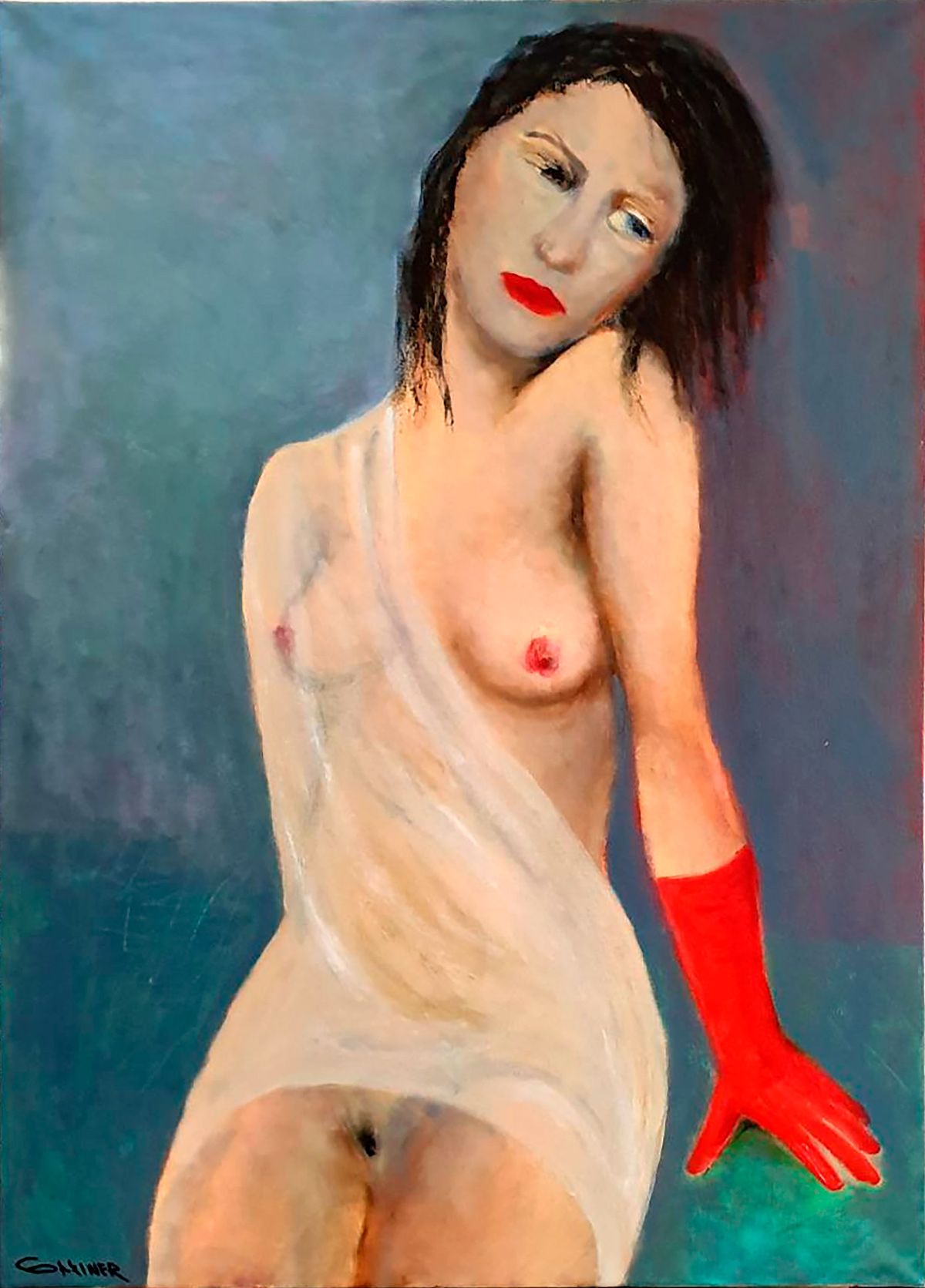 Red glove as a symbol of lust. Tired but not defeated. Oil on canvas