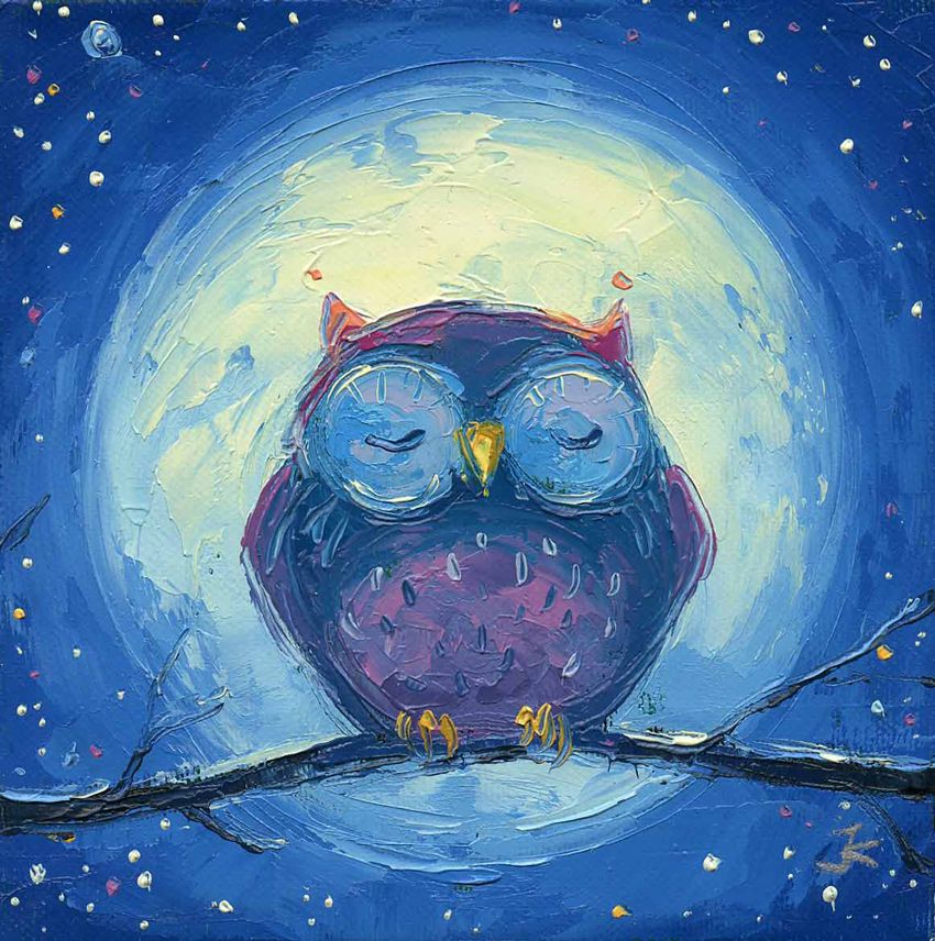Night. Owl on a branch. picture for children. Sleeping owl. Starry sky.