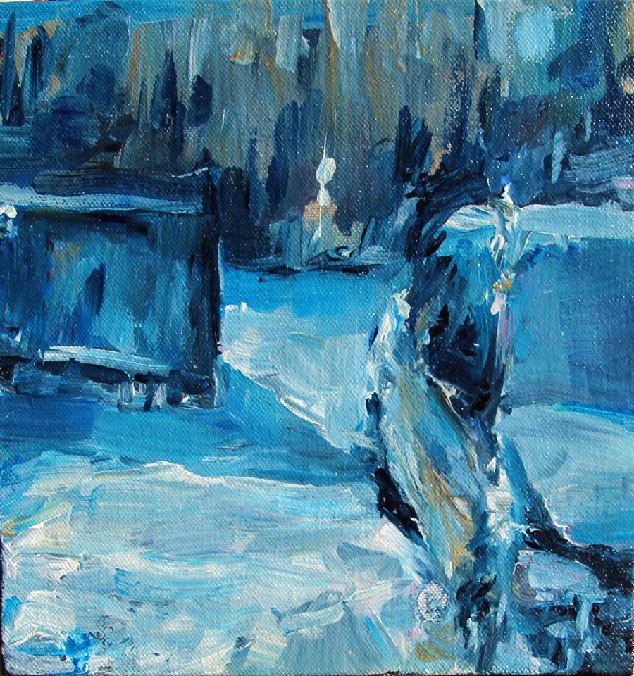 Painting in blue tones. Contemporary painting. Car in the snow.