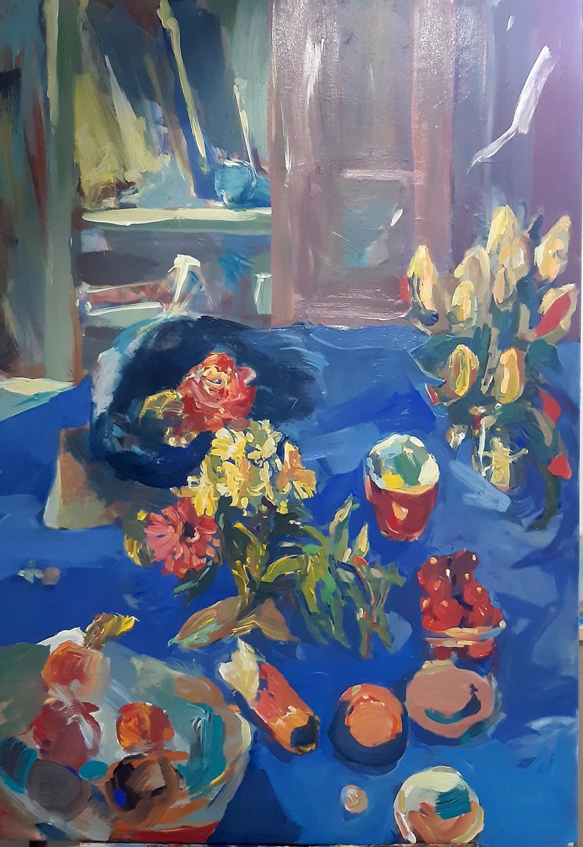 Oil painting- Cat, flowers