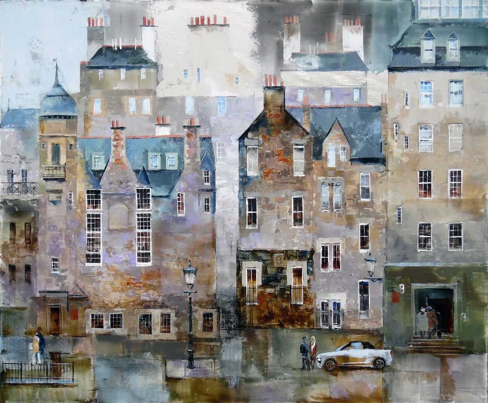 Image in the picture. Courtyard in Edinburgh. Decorative manner. Mixed media using silver leaf. Artist Veronika Benoni