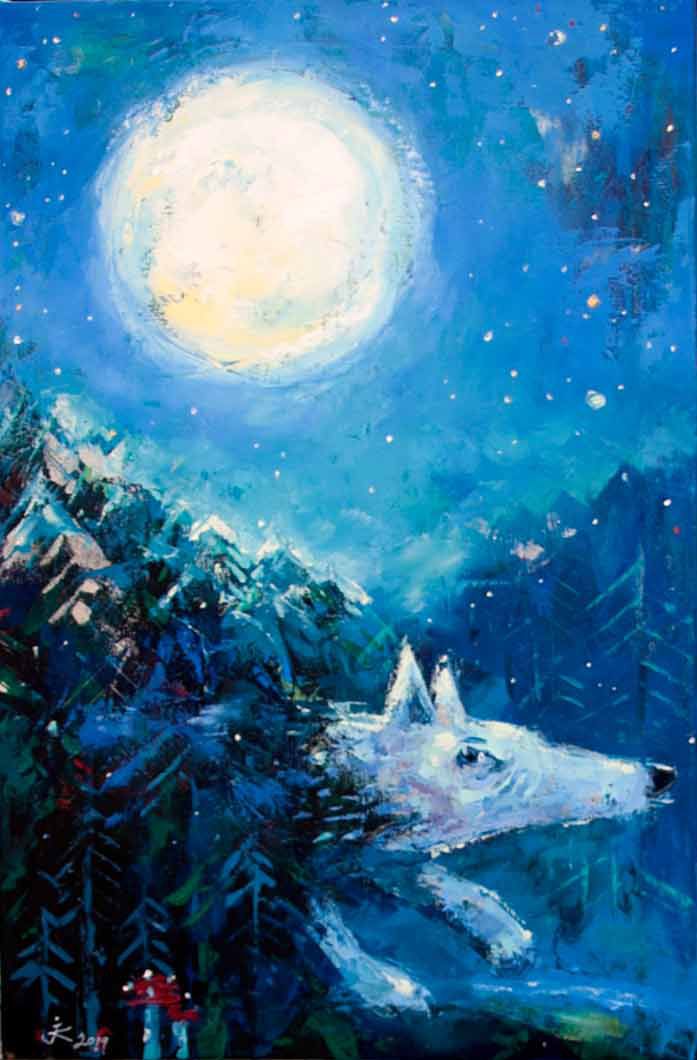 Night forest. They ate. Full moon in the forest. Big white wolf