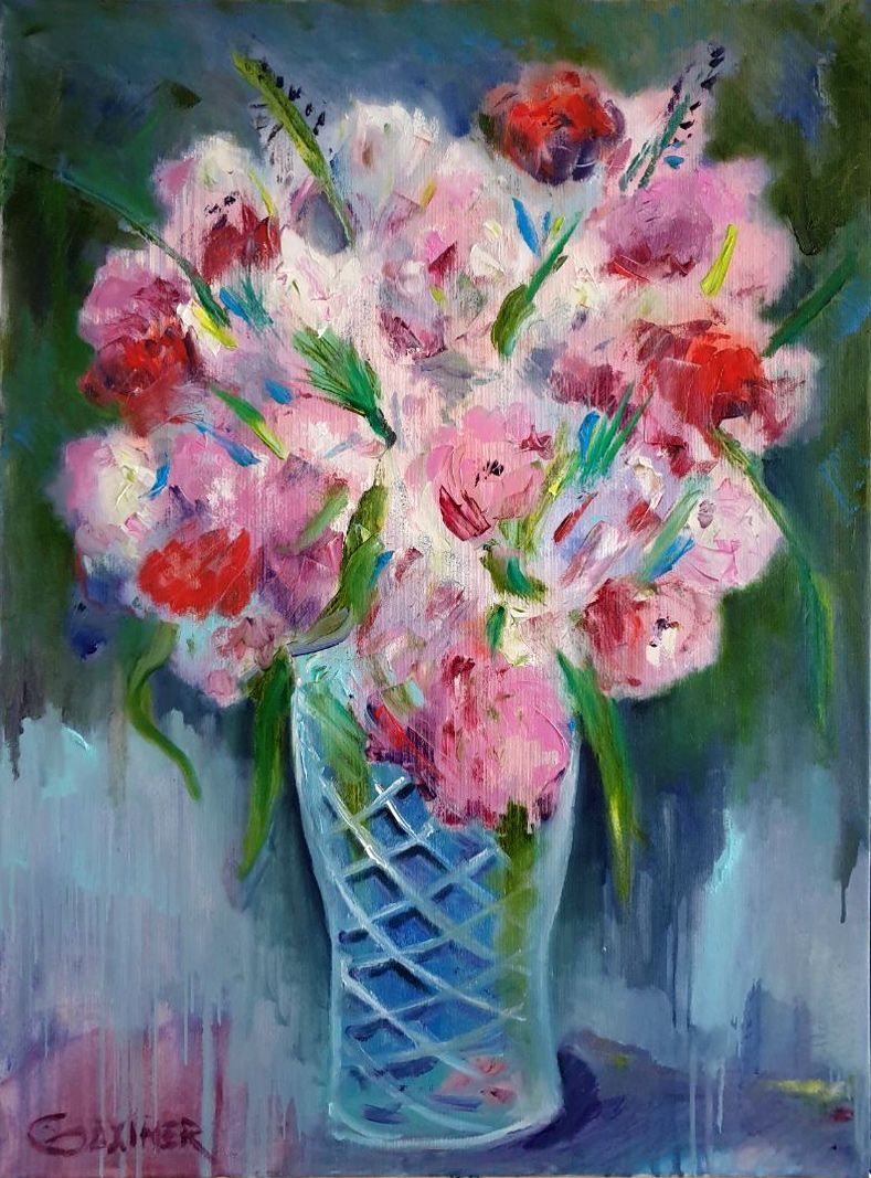 still life on a blue background. Contemporary painting. A bouquet of flowers in a blue vase. Interior painting.