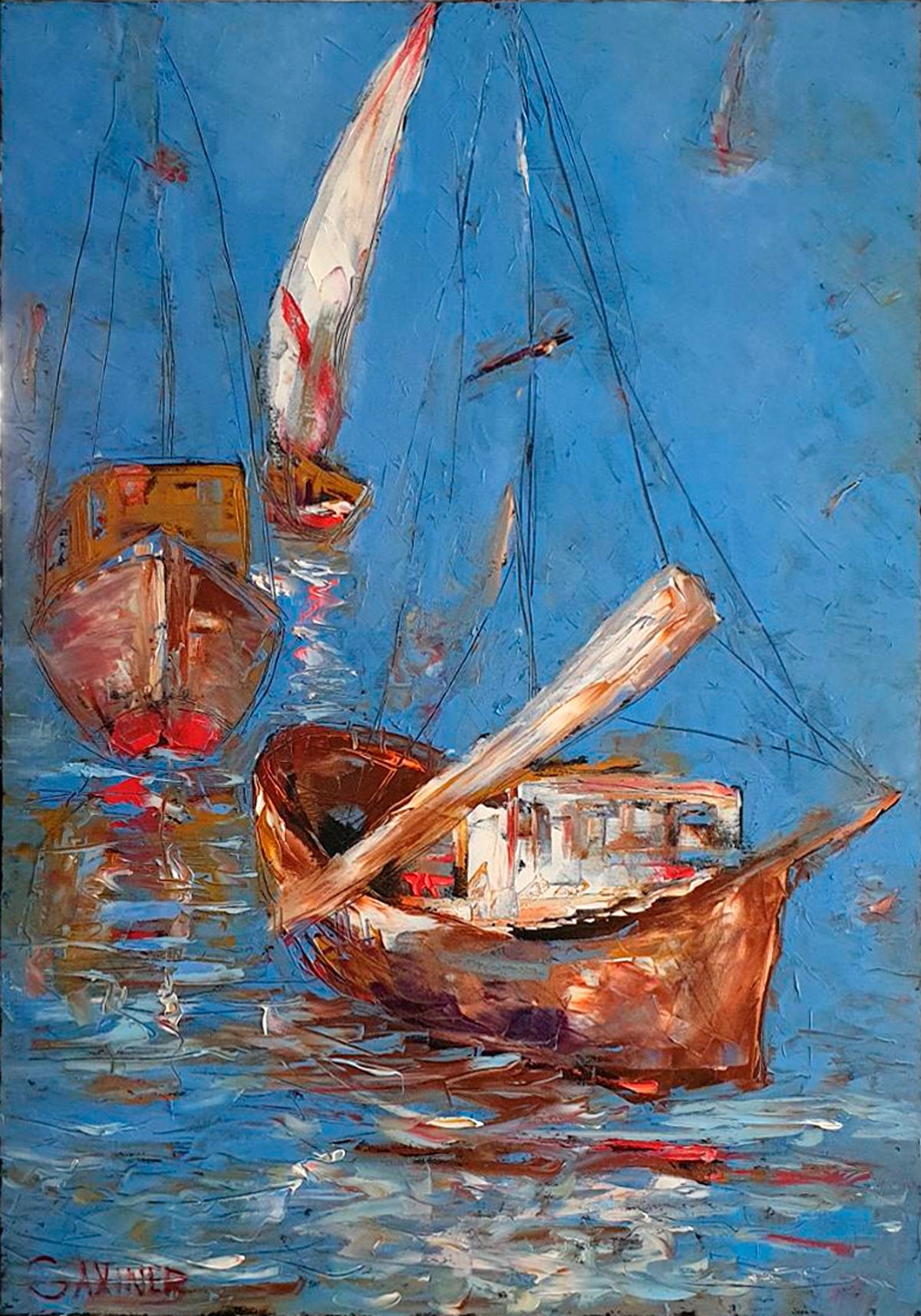 Contemporary painting. Sea. Sailing ships. Marine fishing boats. In shades of blue