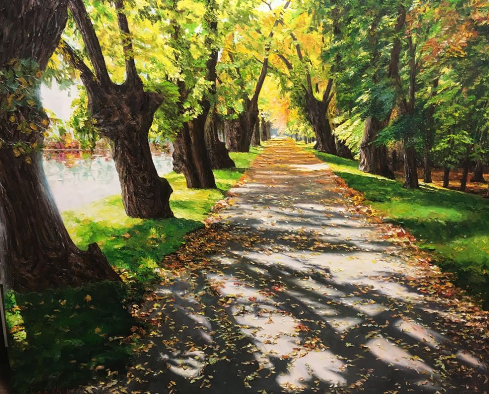 Alley by the pond. Contemporary realism. Painting with a palette knife. Shadows from trees on the road.