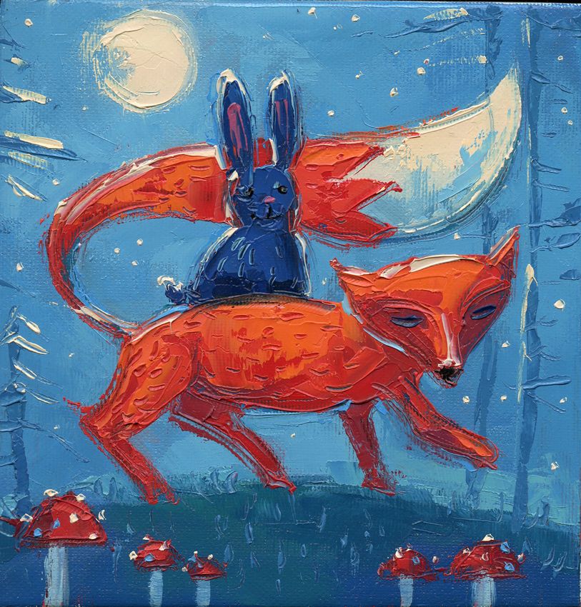 The fox is carrying the hare. Amanita. Blue sky. Contemporary painting. Painting for children.