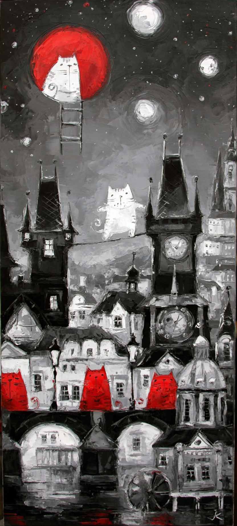 White cat and red moon