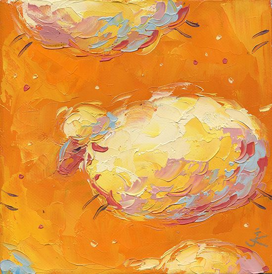 White sheep on an orange background. Flying little animals in the sky. Picture for children.