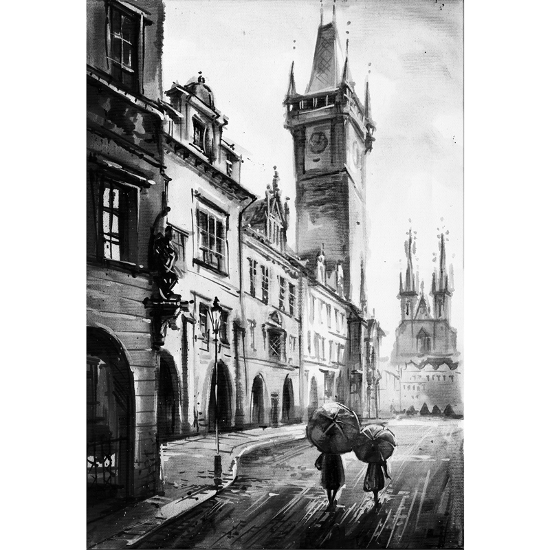 Black white painting. Painting with a view of Prague. Contemporary oil painting. Old Town Square.