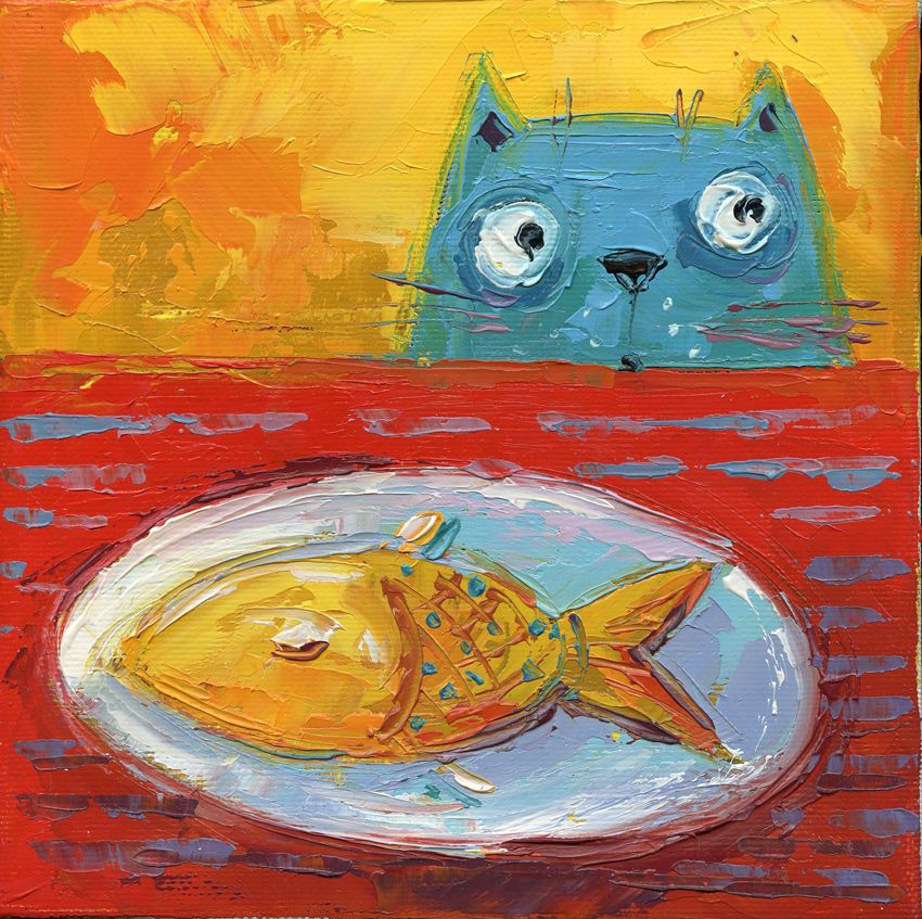 There is a fish on the table in a plate. The cat is at the table. striped tablecloth. Blue cat.