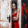 A woman in a red dress stands by an ajar door, her gaze laden with enigma and romantic longing, set against a textured backdrop of white and dark red
