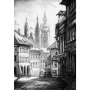 Black and white oil painting. Trees. Prague castle. Rainy town. Old architecture 
