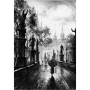 Black and white oil painting. Trees. The Charles Bridge. Rainy town. Old architecture 