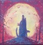 The wolf and the moon. Contemporary painting. Fabulous illustration for children. The wolf howls at the moon. Bright colors in the picture. 