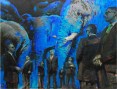 Contemporary painting. People in sunglasses and suits. Security guards. Elephants. Painting in blue tones. 