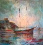 Calm sea bay. Sailing ships. Reflection in water. Calm. The painting is painted in an impressionistic manner. Soft dawn. 