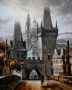 The ancient city in the picture. The Charles Bridge. Painting with a palette knife. Painting in brown tones. Prague city of towers. Nature - Architecture - Tower - Atmospheric phenomenon - art - Picture - City - Medieval architecture - Spire - Illustrati