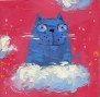 Cat with glasses. The cat on the cloud. Cat and red sky. The scientist cat flies in the clouds. Contemporary painting. Fabulous illustration for children. Bright colors in the picture. Stars in the red sky. 