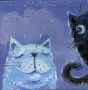 White and black cat. Blue sky and stars. Painting for the children's room. 