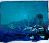 Contemporary painting. Coast. Painting in blue tones. Ships in the harbor. Yachts 