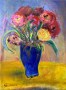Bouquet of flowers in an impressionistic manner. Expressive paints. Blue vase. Red flowers. Bouquet.