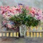 bouquet of flowers in an impressionistic manner. Expressive paints. Blue vase. Red flowers. Bouquet.