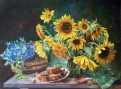 Honey paradise. Modern realism. A bouquet of sunflowers on a dark background. Still life with honeycombs and flowers. 