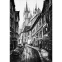Streets of the ancient city. Prague in black and white. Oil painting. Street in front of the Temple. Gothic architecture. 