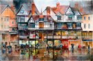 wet street, old town, passers-by with umbrellas, street with cafes, puddles on the road, Old English town in the picture 