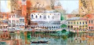 Venetian gondolas, ancient city, boats in the picture, medieval bridge, oil painting, reflection on the water, ancient temples. 