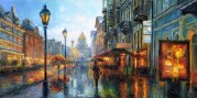 Wenceslas Square in the rain. Painting with a palette knife - Water - Sky - Street light - Shop windows - art - Picture - Urban landscape - House - District - Trees in the street - City - Tree in the street - Megapolis - Scenery - Road - art - Street - E