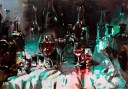 Feast. Crystal glassware on the table. Contemporary painting. Artist Eduard Potapenkov. Red wine glasses. Feast. Crystal glassware on the table. Contemporary painting. Artist Eduard Potapenkov. Red wine glasses. 