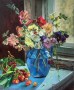in an old country house. Contemporary realism in painting. A bouquet of wild flowers in an old vase by the window. Old rustic interior in the picture. 