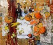 Contemporary painting. Still life with the use of gold leaf. The picture shows fruits and vegetables. Decorative painting 
