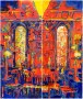 Bright paints on canvas. The synagogue in the picture. Red and blue. Oil painting. Contemporary painting.  Windows in the interior. Light through the windows. Books in the picture. Synagogue interior. 