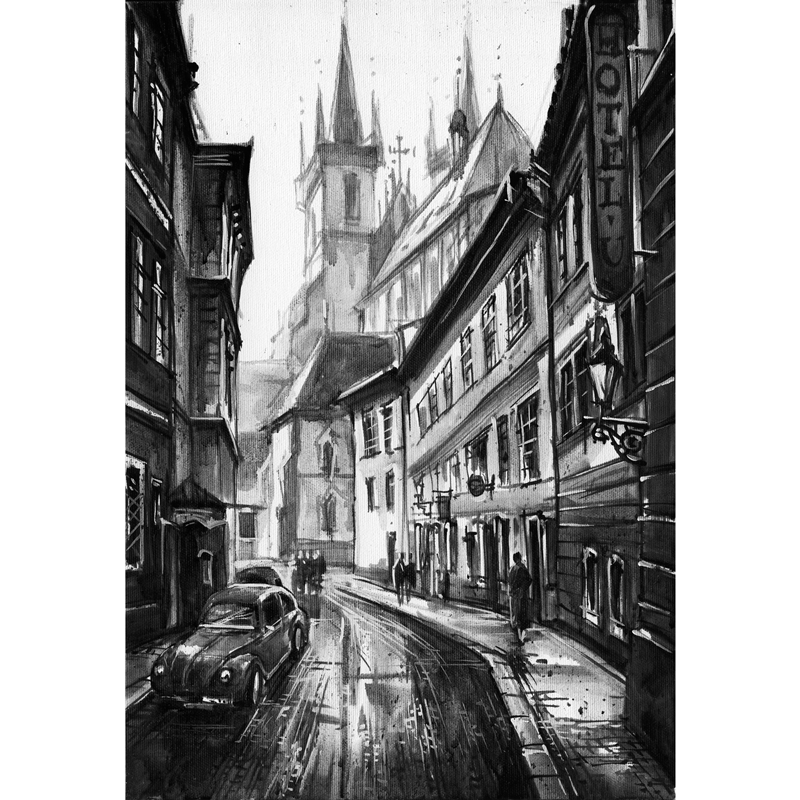 Streets of the ancient city. Prague in black and white. Oil painting. Street in front of the Temple. Gothic architecture.
