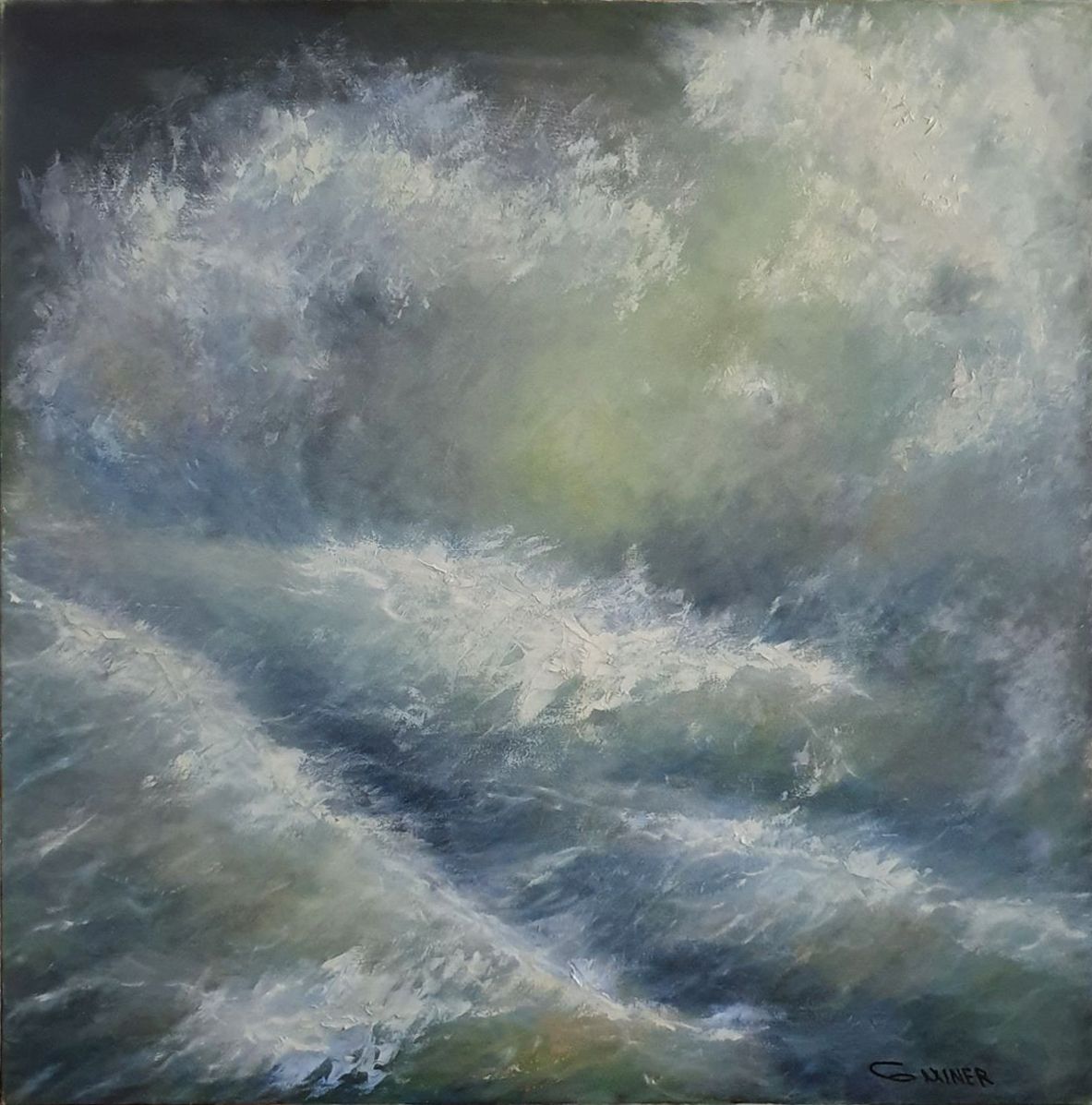 Contemporary painting. Image of a storm. The sea in the picture. Waves. Spray. Light on the water