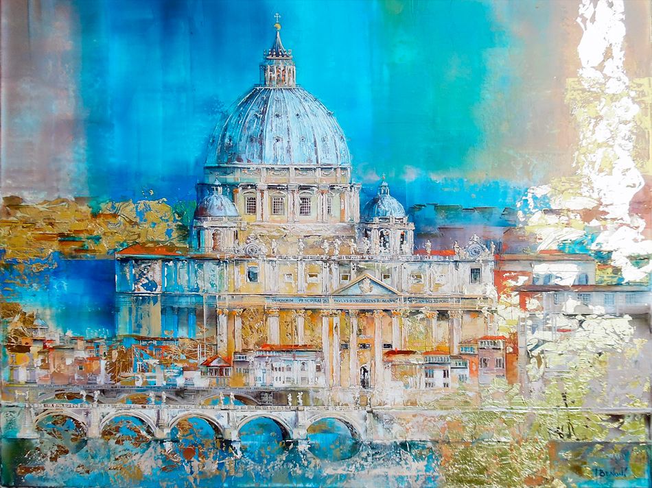 Basilica in the picture, Blue sky, ancient temple, reflection on the water, ancient city, modern painting.