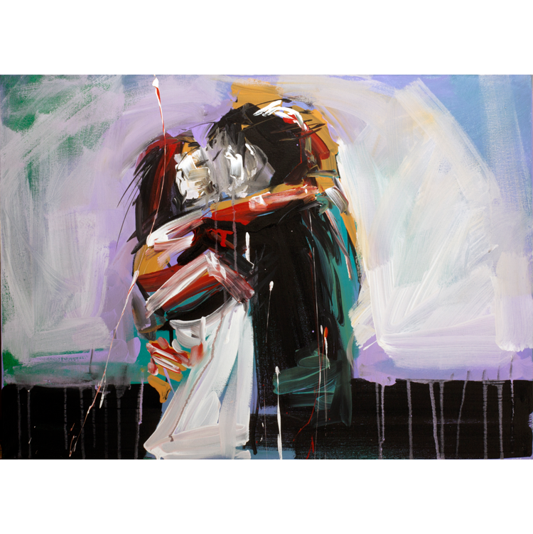 Abstract paintings - Bright colors in the picture. Dancing kissing man and woman. Kissing couple - art - Entertainment - Picture - Artist - Purple - Fictional character - art - Picture - Costume - Graphic design - Modern Art - Tradition - Acrylic paint -