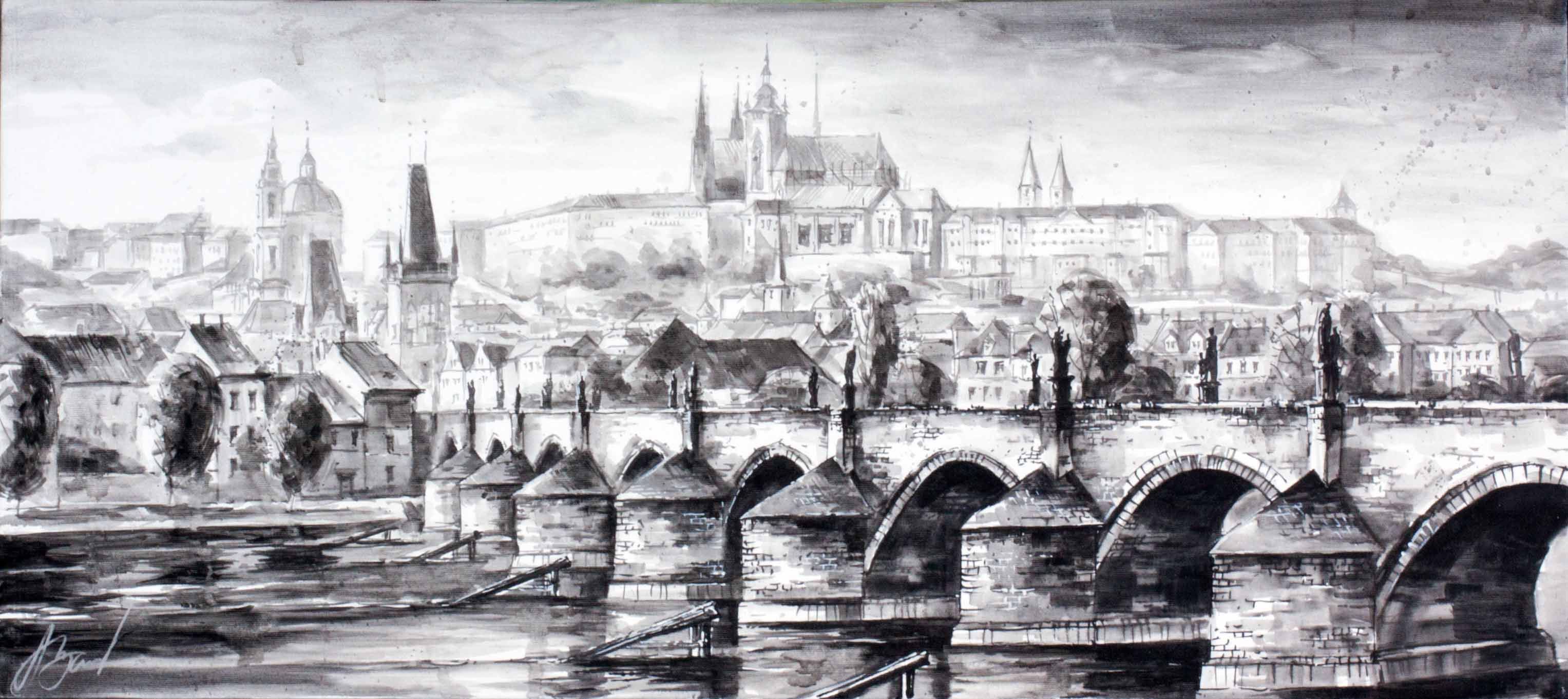 "The Charles Bridge" oil on canvas. Black and white. Alexandr Klemens. Satija Gallery