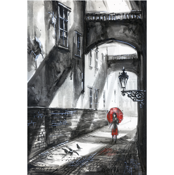 An old street. Girl with an umbrella. Black and white painting.