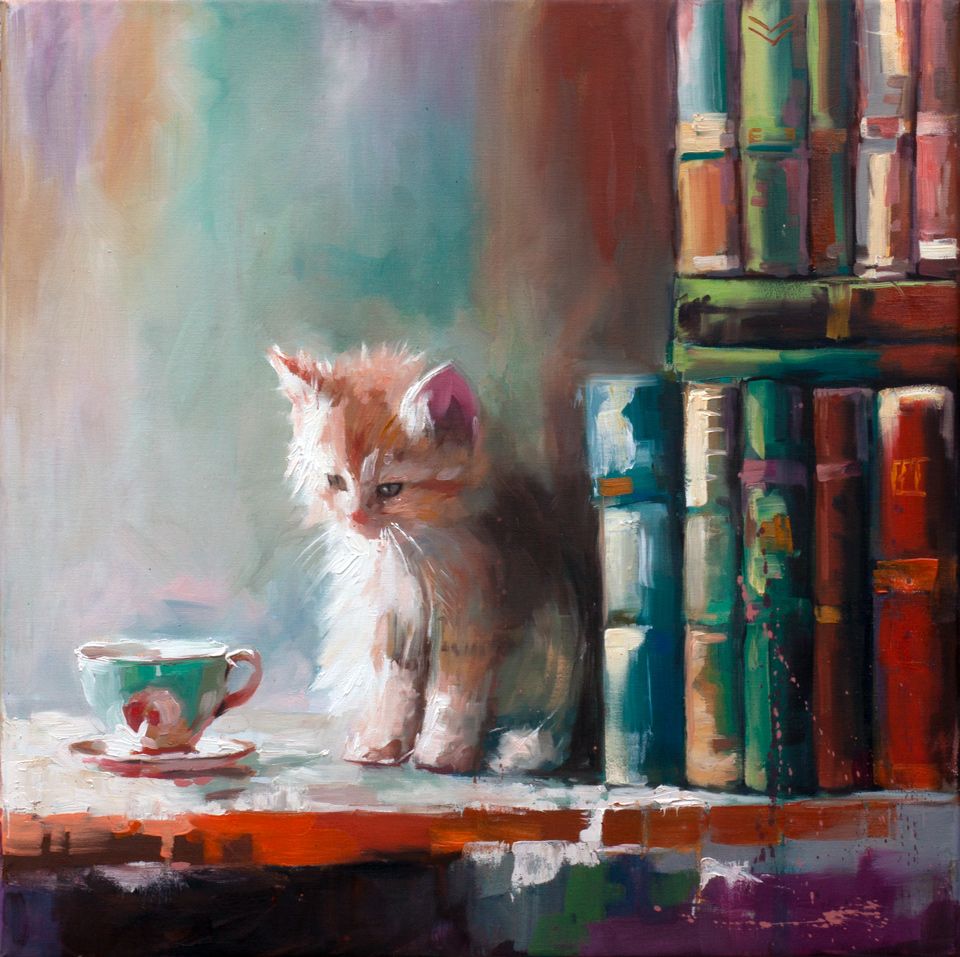 Oil painting of an apricot-colored kitten by books and a teacup on a 70x70 cm canvas