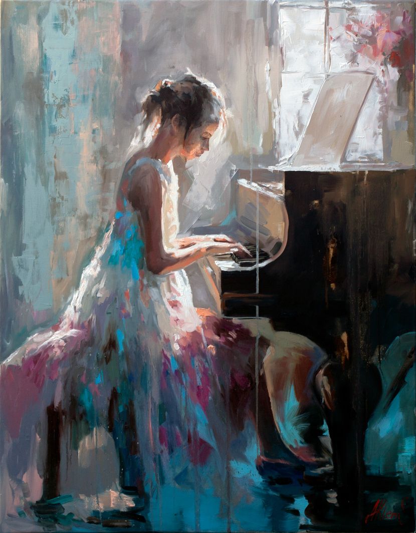 Oil painting of a young woman playing the piano in a light floral dress, evoking an atmosphere of inspiration and musical harmony