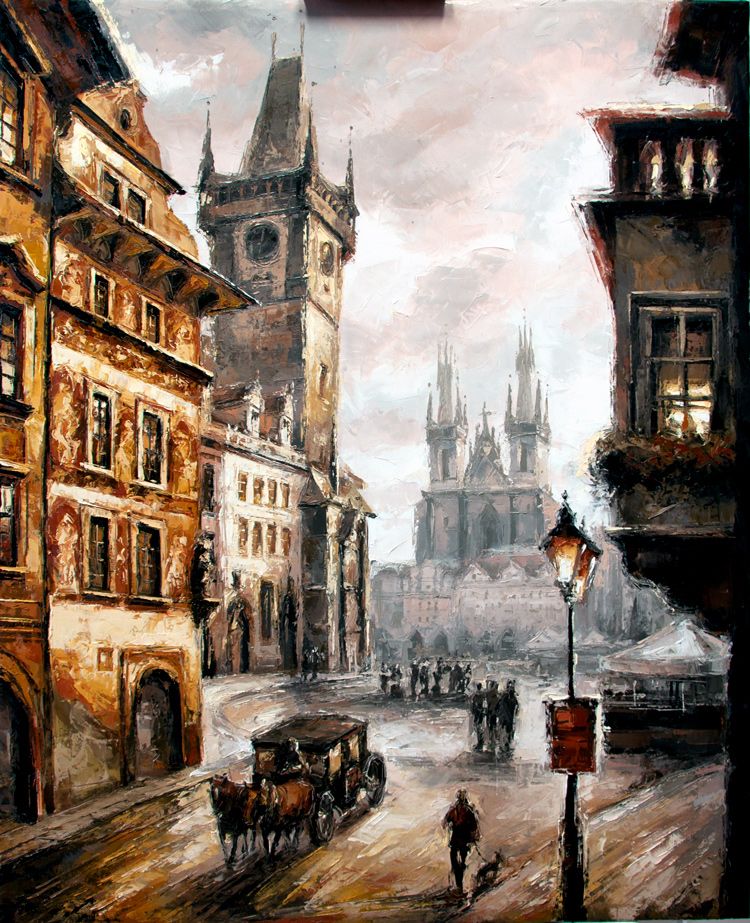 Oil painting of Old Town Square in Prague with carriage and horses, measuring 70 by 100 cm, created using the technique of maestri.