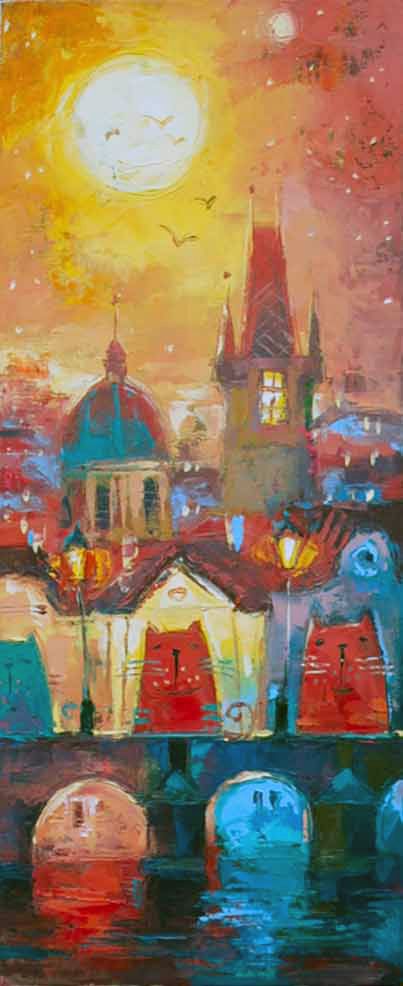 Contemporary painting. Pictures for the nursery. Fabulous city. Bright colors. Cats in the night city. Ancient bridge. Medieval tale. Oil painting. Lanterns on the bridge. Evening in Prague.