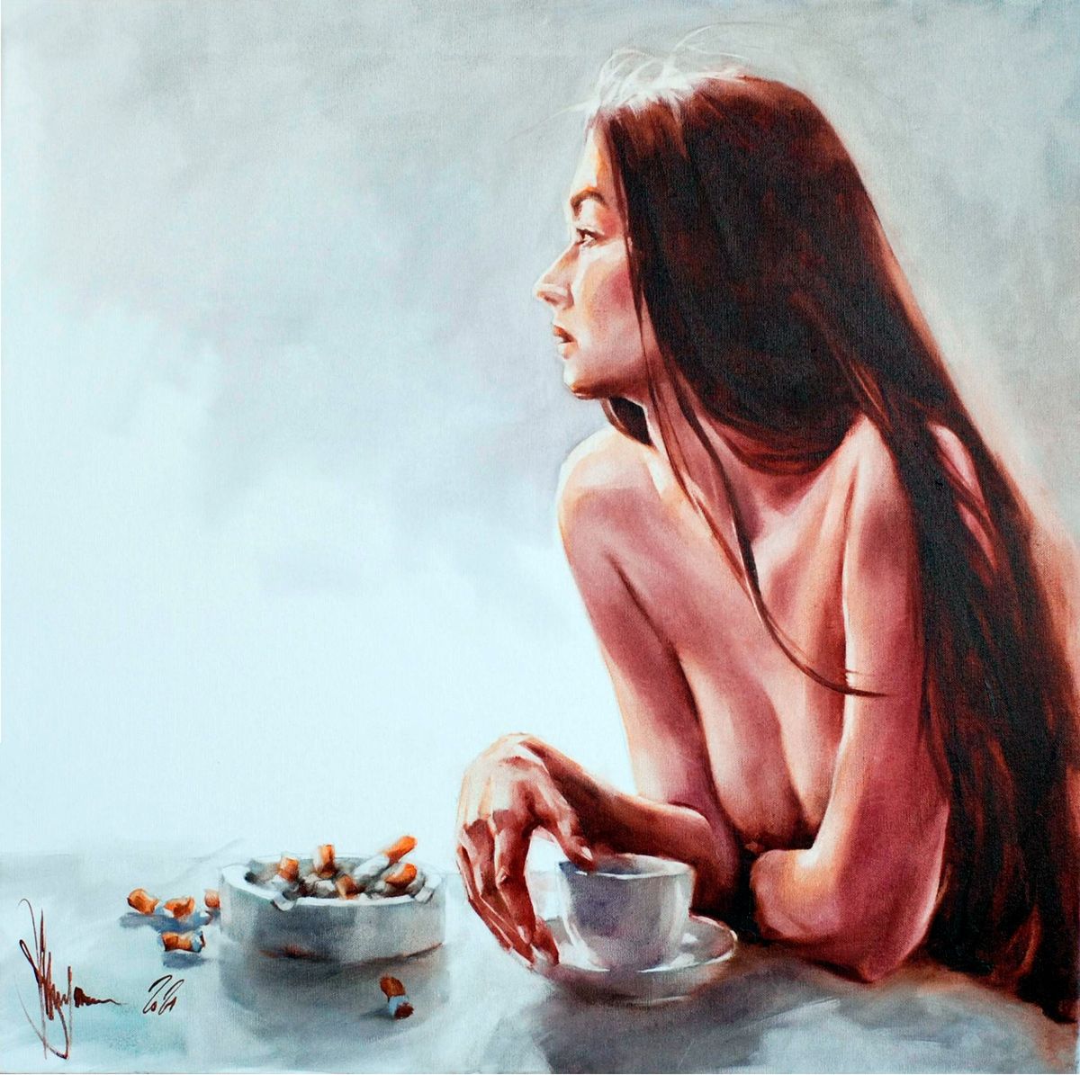 Contemporary painting. Oil on canvas. A naked girl is sitting at the table. Girl with a cup of coffee. Light colors in the picture. Loose hair.