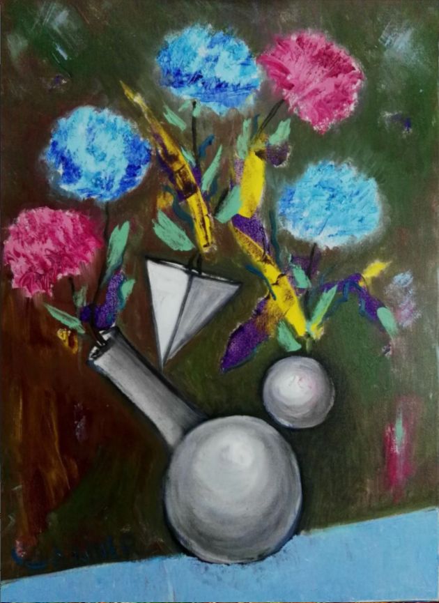 Contemporary painting. Bright colors. Oil painting. Bouquet of flowers. Geometric figures.