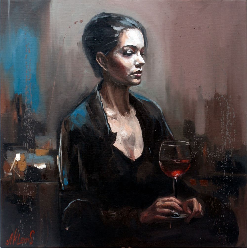 Oil painting of a woman in black lost in thought, with a glass of red wine, reflecting serenity and depth of emotions.